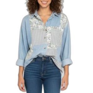 Vintage 90s Solutions! Women's Blue Patchwork Cotton LS Denim Shirt Size M